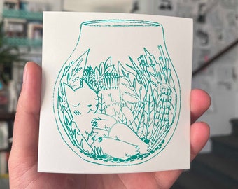 Cat in Terrarium Vinyl Sticker by Deth P. Sun