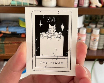 Tarot Card Tower Cat Contemplating Vinyl Sticker by Deth P. Sun