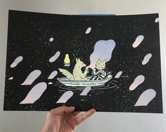 Wolf & Cat in Space Boat Poster by Deth P. Sun