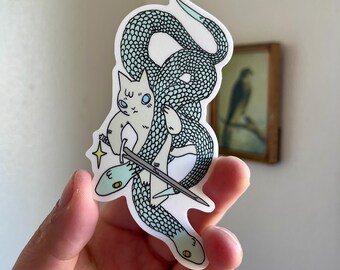 Gemini Cat with Sword and Two Snakes Vinyl Sticker