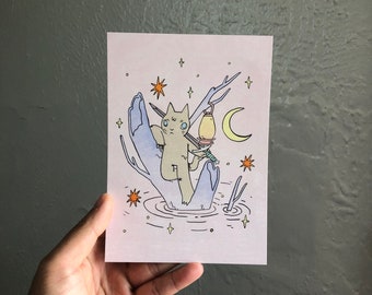 Cat in Tree with Sword Postcard Print by Deth P. Sun