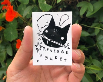 Revenge is Sweet Cat with Dagger in Mouth Vinyl Sticker by Deth P. Sun