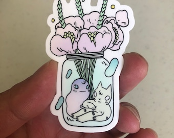 Cat in Vase with Flower & Ghost Vinyl Sticker