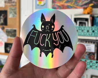 Holographic Fuck You Bat Vinyl Sticker (Mature) by Deth P. Sun