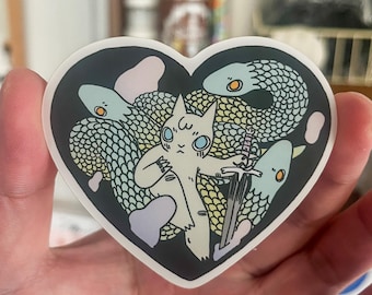 Cat with Snakes Heart Shaped Vinyl Sticker