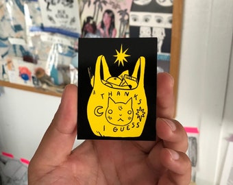 Thanks I Guess Cat Black on Yellow Vinyl Sticker by Deth P. Sun