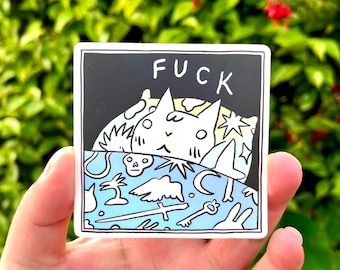 Cussing/Worried Cat in Bed Vinyl Sticker