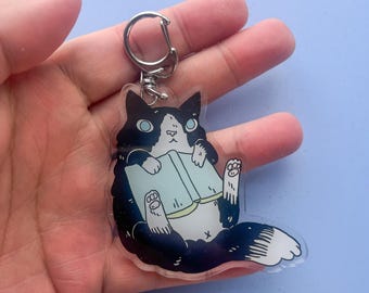 Tuxedo Cat Reading Book Keychain