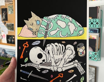 Sleeping Giclée Print by Deth P. Sun (Cat Sleeping with Skeleton Underneath)