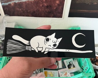 Witch Broom Riding Cat Bumper Sticker by Deth P. Sun