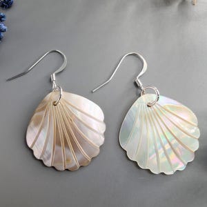 Könnte beinhalten: Ein Paar ohrringförmige Muscheln mit silberfarbenen Haken. Die Ohrringe haben eine perlmuttartige, irisierende Oberfläche mit einem fächerartigen Muster aus Linien, die von der Mitte ausgehen. Der Hintergrund ist einfarbig grau.