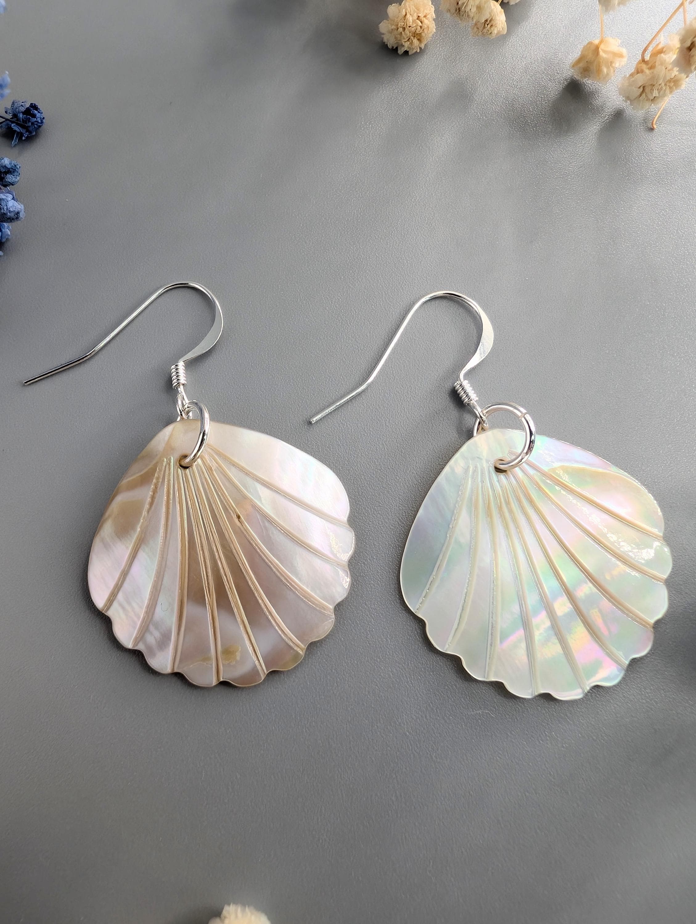 Real Shell Earing White Real Shell Earrings, Iridescent Seashell Jewellery, Natural ...