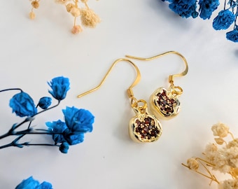 Pomegranate Earrings | Gold and Red Fruit Accessory | Statement Nature Jewellery | Gold Plated Hooks
