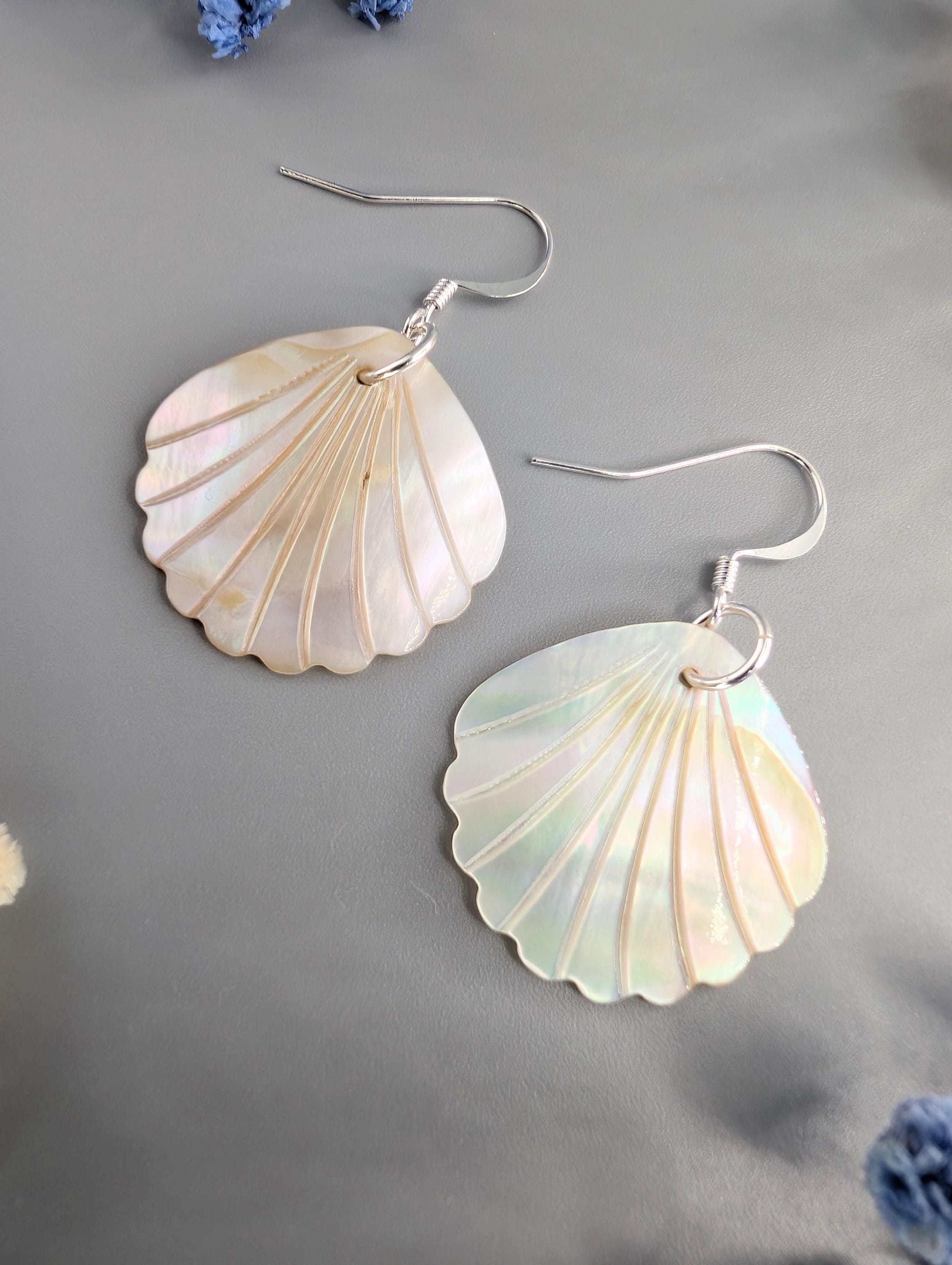 Real Shell Earing White Real Shell Earrings, Iridescent Seashell Jewellery, Natural ...
