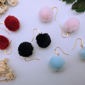 Fluffy Pom Pom Earrings, Soft Boho Sensory Dangles, Cute Pink Blue Black and Red Dangles