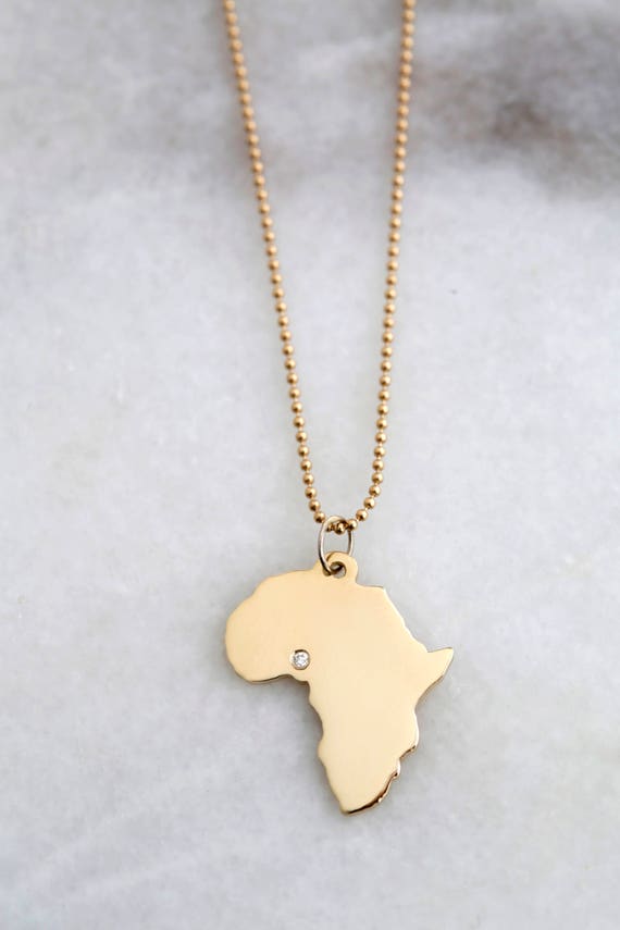 Large 10k, 14k, 18k Solid Gold Africa Pendant + Diamond - Solid Gold Africa Map Charm