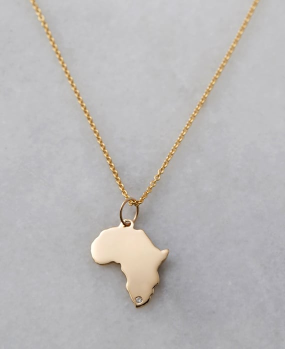 Small 10k, 14k, 18k Solid Gold Africa Pendant + Diamond - Solid Gold Africa Map Charm