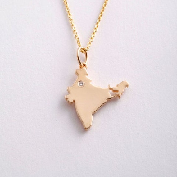 10k, 14k, 18k Solid Gold India Pendant + Diamond - Solid Gold India Map Charm