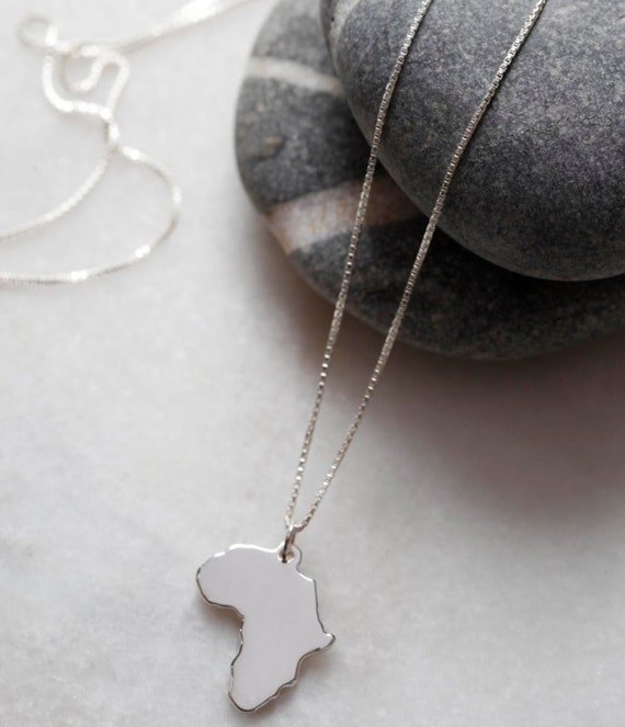 Small Sterling Silver Africa Pendant Necklace + Chain - Solid Silver Africa Map Charm, 925 Silver Travel Gift