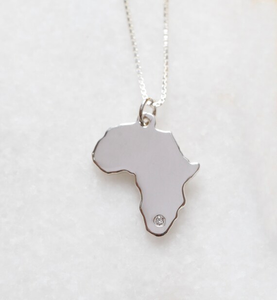 Small Sterling Silver Africa Pendant + Embedded Diamond on Chain - 925 Silver Diamond Necklace, Solid Silver Africa Map
