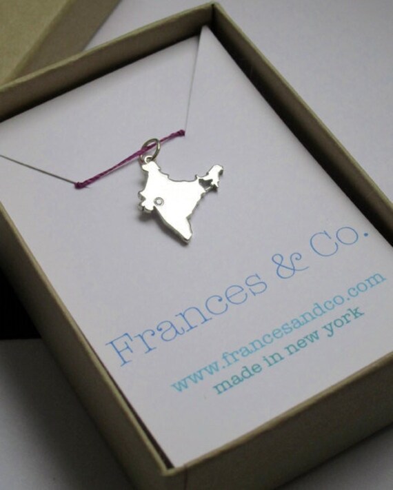 Sterling Silver India Map Pendant + Embedded Diamond - 925 Silver Indian Necklace
