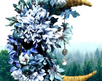 Niebieski kwiat dyniowy księżycowy wieniec z kryształkami Dekoracja drzwi Dekoracja na Halloween Wystrój domu Luksusowy, jedyny w swoim rodzaju