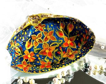 Concha marina grande natural, soporte para joyas acrílico pintado a mano, soporte para suministros de oficina, decoración shabby chic para sala de estar, regalo mágico para mujeres