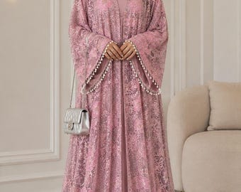Dusty Rose Abaya | Utsmyckad blommig islamisk klänning | Elegant festklädsel