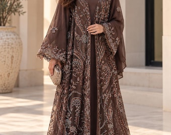Luxury Brown Rhinestone Embellished Abaya | Floral Paisley Modest Evening Dress