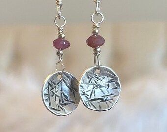 Sterling Silver Ruby Disc Dangle Earrings