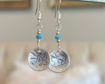 Sterling Silver Textured Disc Turquoise Dangle Earrings