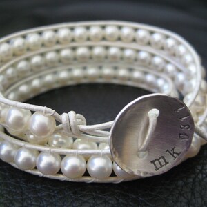 White Pearl Wedding Wrap Bracelet Custom Stamped Button great for bride or bridesmaids mom grandmother gifts image 1