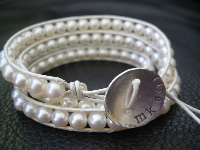 White Pearl Wedding Wrap Bracelet Custom Stamped Button great for bride or bridesmaids mom grandmother gifts image 1