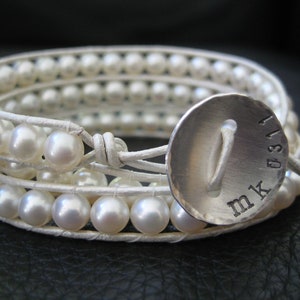 White Pearl Wedding Wrap Bracelet Custom Stamped Button great for bride or bridesmaids mom grandmother gifts image 4