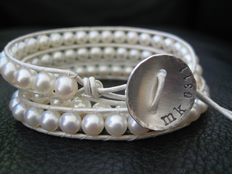 White Pearl Wedding Wrap Bracelet Custom Stamped Button great for bride or bridesmaids mom grandmother gifts image 4