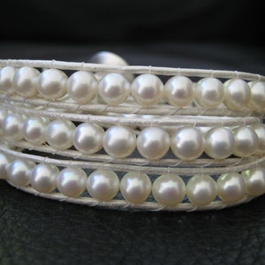 White Pearl Wedding Wrap Bracelet Custom Stamped Button great for bride or bridesmaids mom grandmother gifts image 3