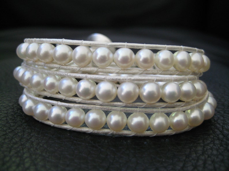 White Pearl Wedding Wrap Bracelet Custom Stamped Button great for bride or bridesmaids mom grandmother gifts image 3