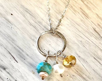 Petite Turquoise, Citrine and Pearl Charm Necklace