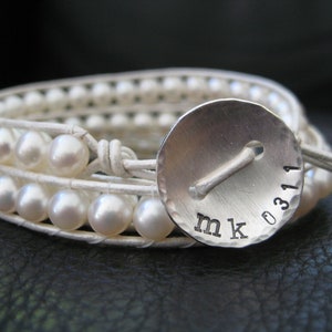 White Pearl Wedding Wrap Bracelet Custom Stamped Button great for bride or bridesmaids mom grandmother gifts image 2