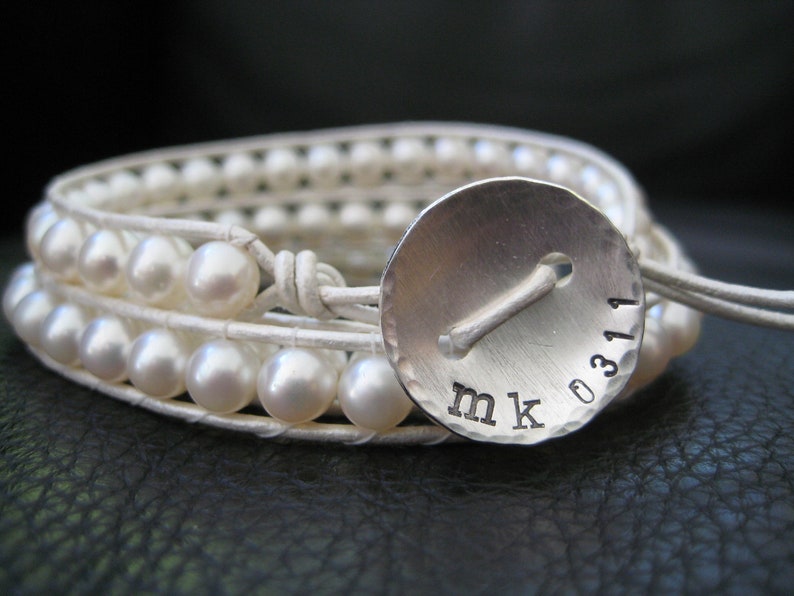 White Pearl Wedding Wrap Bracelet Custom Stamped Button great for bride or bridesmaids mom grandmother gifts image 2