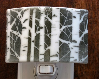 Aspen Tree Light, Fused Glass Aspen Tree Night Light, Tree Silhouette Night Light, Black and White Night Light, Bedroom Nightlight