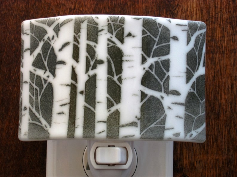 Aspen Tree Light, Fused Glass Aspen Tree Night Light, Tree Silhouette Night Light, Black and White Night Light, Bedroom Nightlight image 1