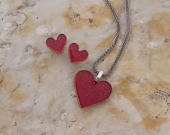 Red Dichroic Heart Shaped Pendant with Matching Post Earrings