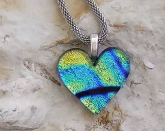 Dichroic Heart Shaped Pendant with Mesh Chain, Dichroic Necklace, Teachers Gift, Fused Glass Pendant with Cord, Gift, Gift for Mom