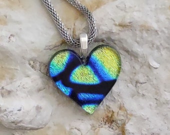 Heart Shaped Dichroic Pendant with Mesh Chain, Dichroic Necklace, Teachers Gift, Fused Glass Pendant with Cord, Gift, Gift for Mom