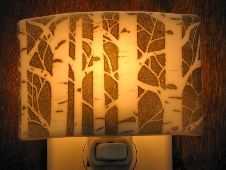 Aspen Tree Light, Fused Glass Aspen Tree Night Light, Tree Silhouette Night Light, Black and White Night Light, Bedroom Nightlight image 2