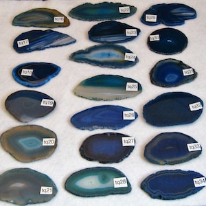 May include: Assortment of 14 agate slices in various shades of blue and green. Each slice is labeled with a unique identifier, such as "tq17" and "tq22".