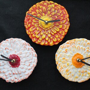 Orange Zinnia Flower Clock, White Zinnia Flower Clock, Red and White, Orange and White,  Orange and  Yellow Clock, Flower Wall Clock
