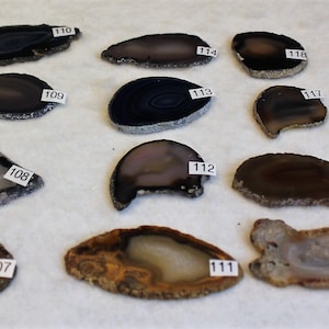 May include: A collection of 13 agate slices, each with unique patterns and colors, ranging from brown to black and white. The slices are numbered 107 to 120.
