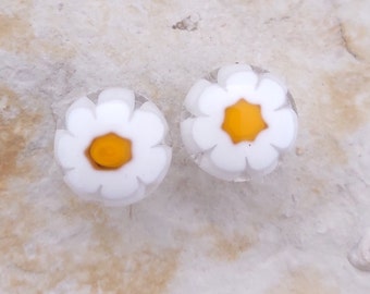 Fused Glass White Murrini/Millefiori Daisy Post Earrings